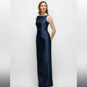 Dessy Navy Satin Thin belt Column dress NWT